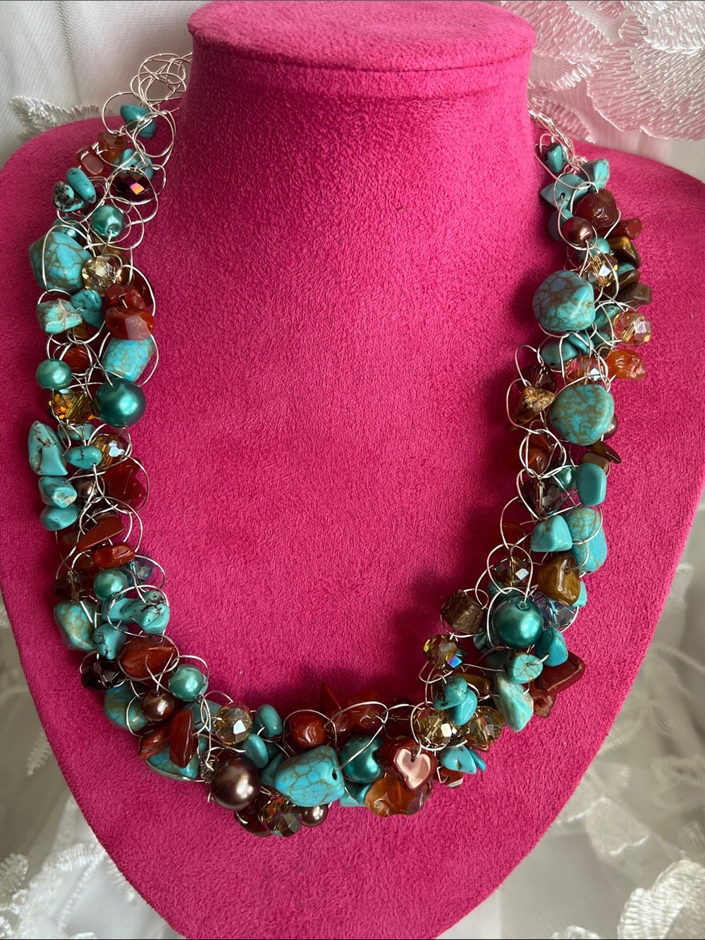 Turquoise & Amber Mixed Stone Statement Necklace - Women Jewelry